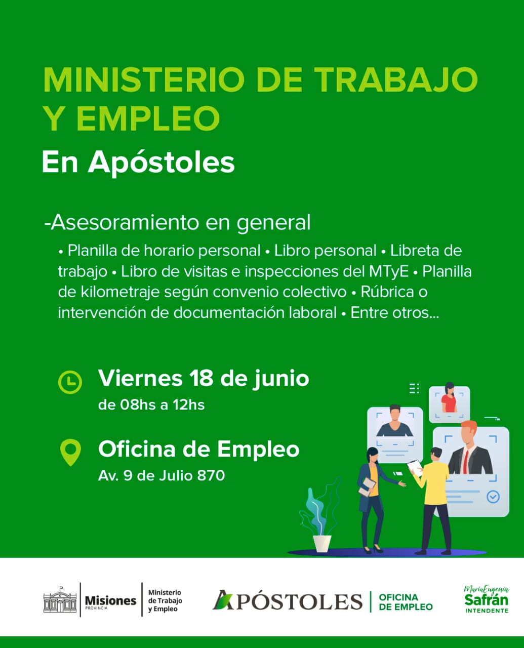 El próximo viernes 18 de junio el Ministerio de Trabajo brindará asesoramiento general a la ciudadanía apostoleña