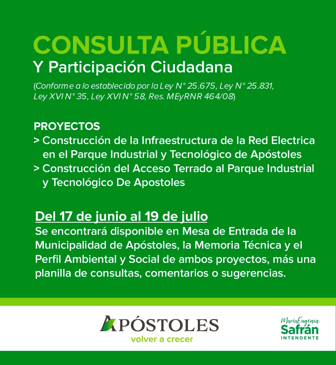 CONSULTA PÚBLICA Y PARTICIPACIÓN CIUDADANA A LOS EFECTOS DE GARANTIZAR EL ACCESO A LA INFORMACIÓN CORRESPONDIENTE A OBRAS EN EL PARQUE INDUSTRIAL