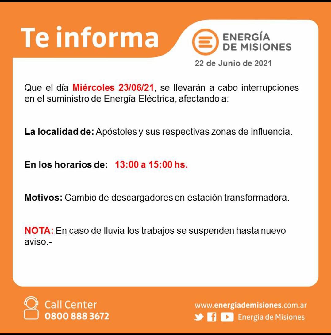 Interrupción del suministro eléctrico en la localidad de Apóstoles el miércoles 23 de junio