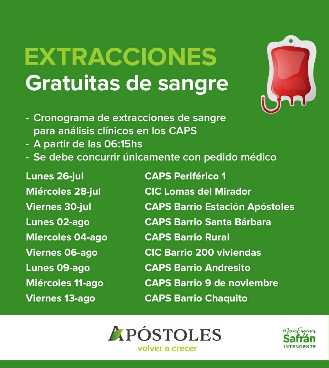 Continúa el cronograma de extracciones de sangre en diferentes barrios de Apóstoles