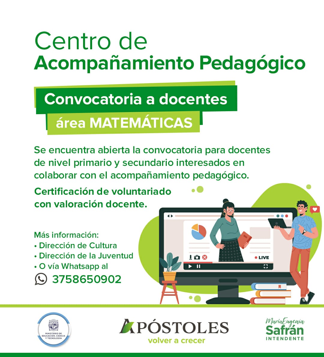 Convocatoria a docentes interesados en colaborar con el centro de acompañamiento pedagógico de Apóstoles