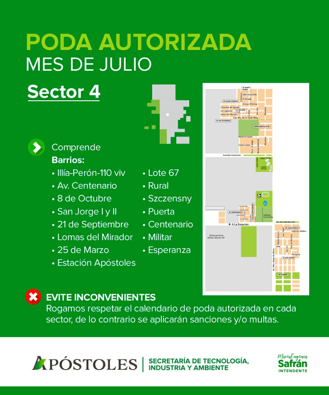 En el mes de julio las podas sectorizadas serán para el sector cuatro
