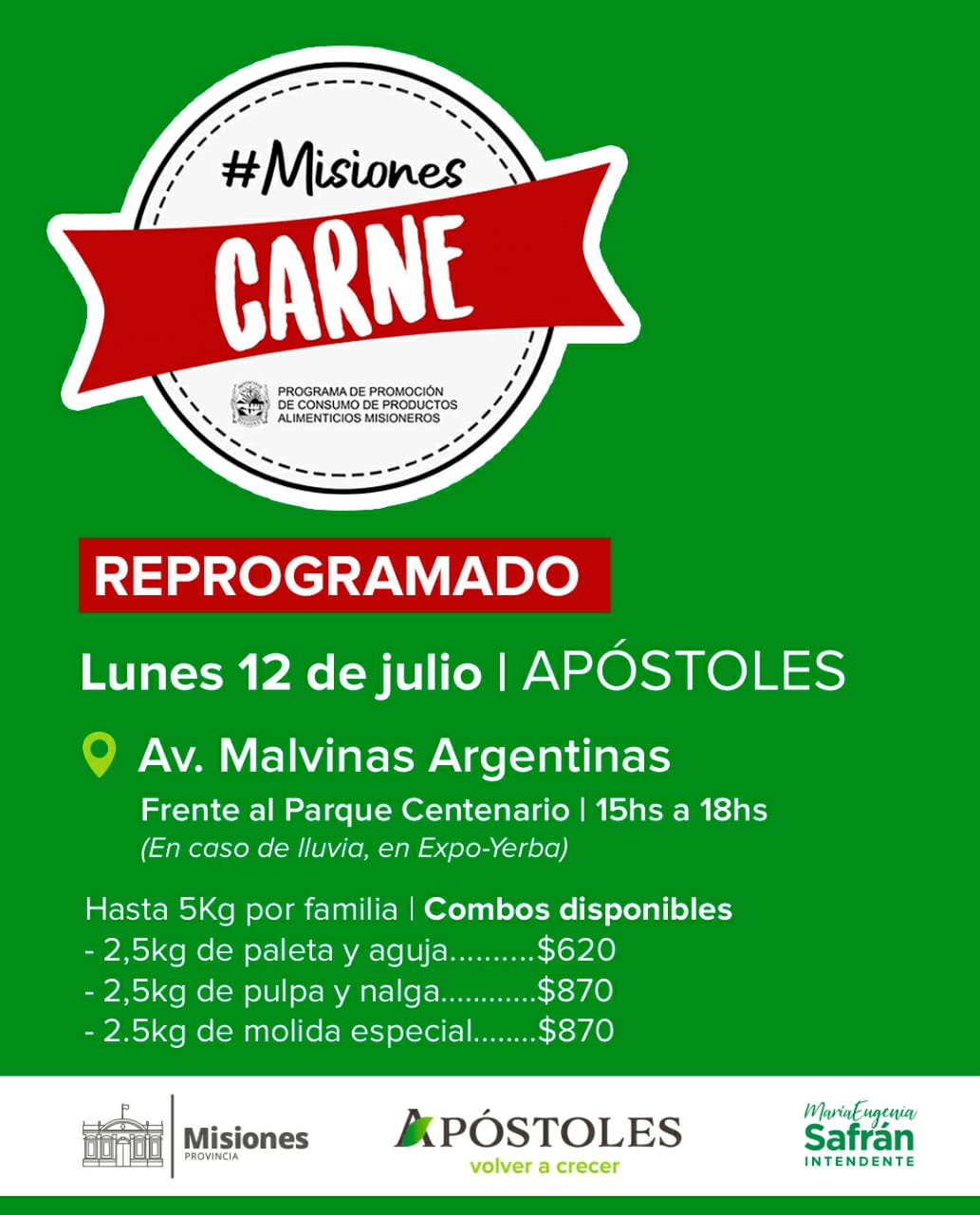 Informan que el operativo #MisionesCarne en Apóstoles se reprograma para el día lunes 12 de julio