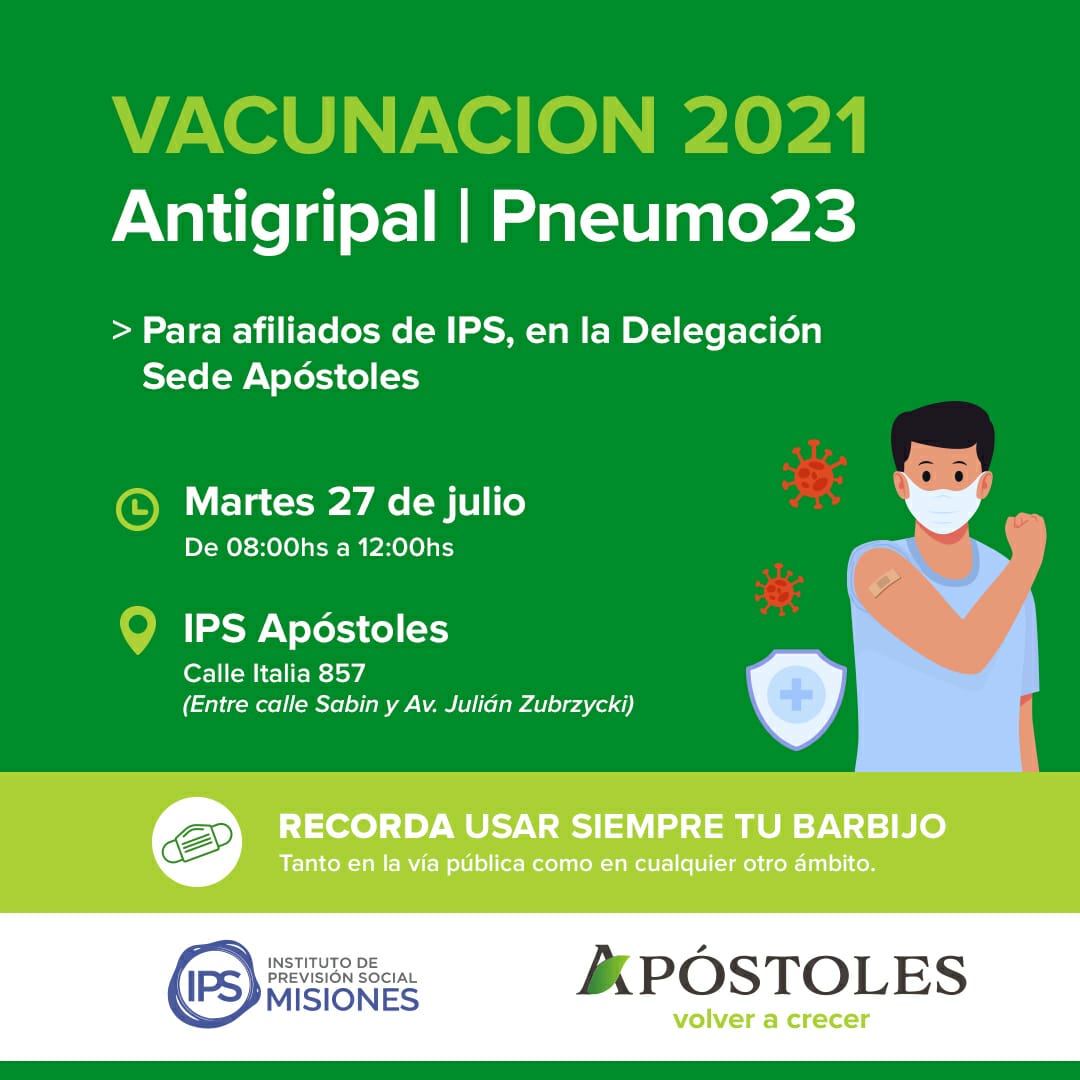 La delegación del IPS en Apóstoles aplicará vacuna antigripal y pneumo 23 a sus afiliados