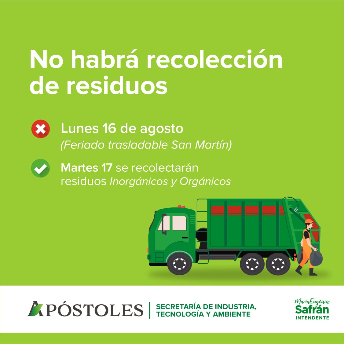 Recolección de Residuos: Feriado por Aniversario del Fallecimiento del Gral. San Martín.