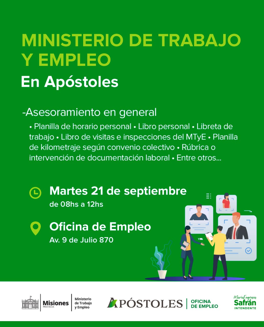 El próximo martes 21 de septiembre el Ministerio de Trabajo brindará asesoramiento general a la ciudadanía apostoleña.