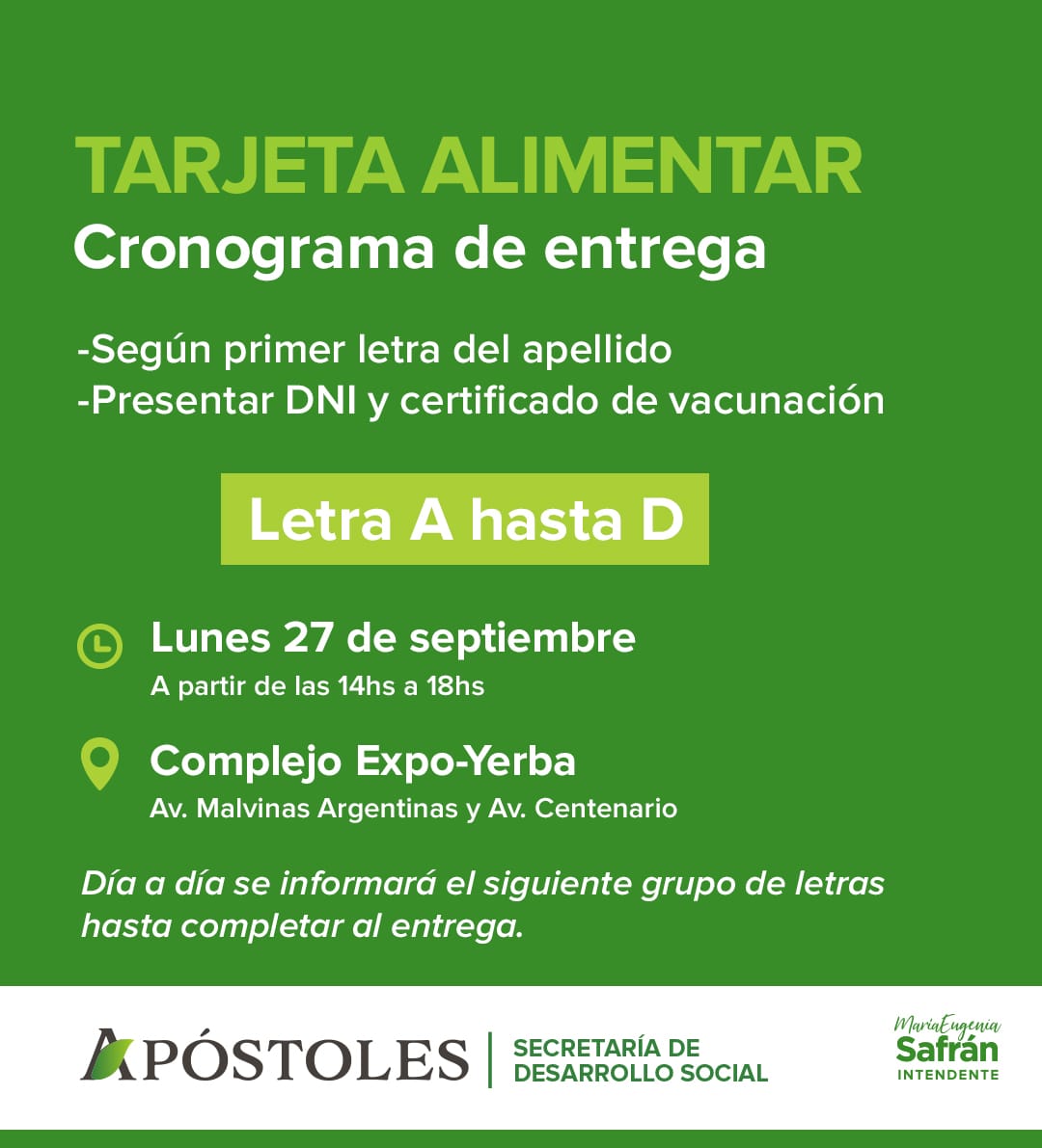 Por orden alfabético realizarán una nueva entregar de la Tarjeta Alimentar