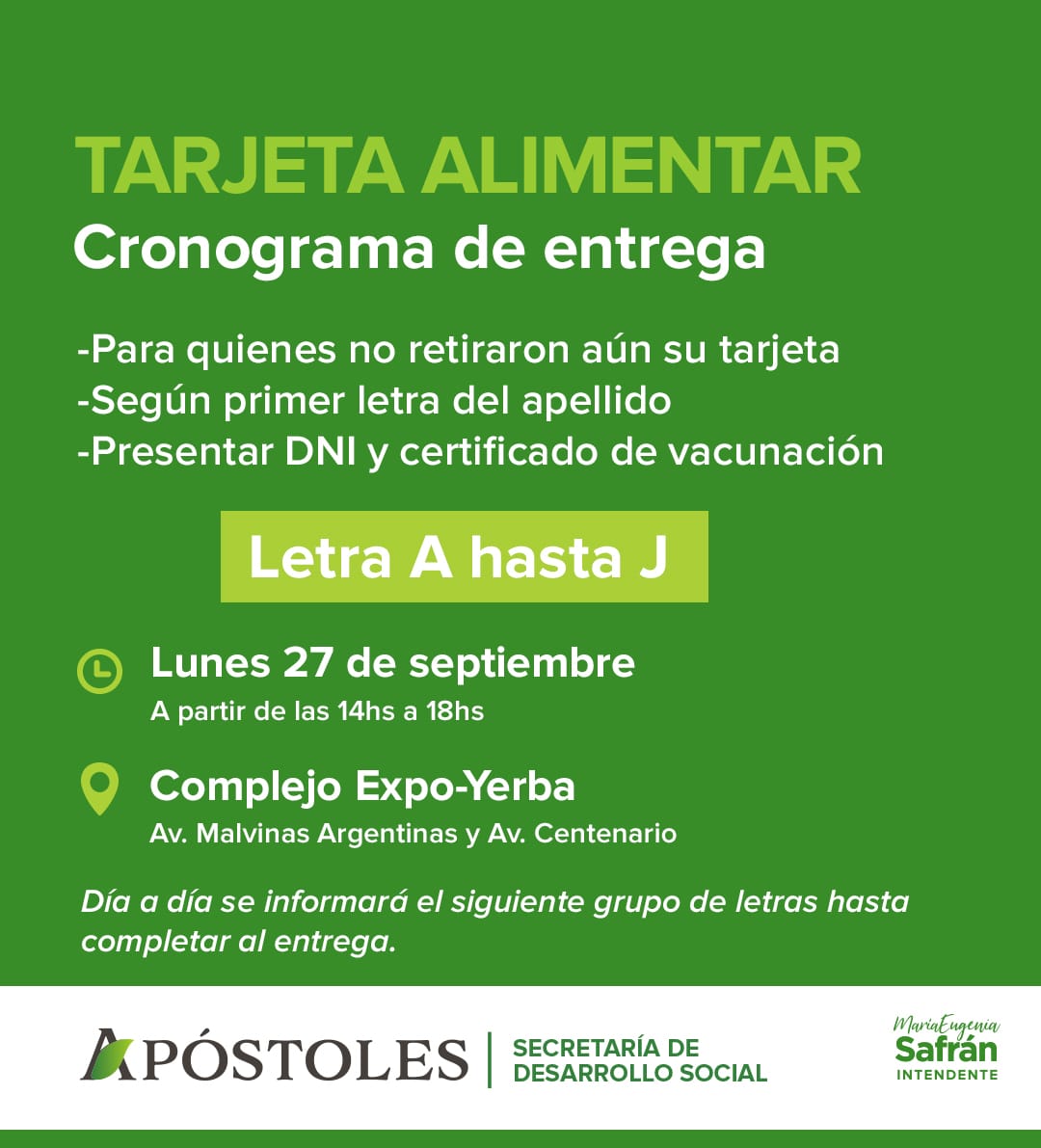 Por orden alfabético de la «A» a la «J» comenzará una nueva entregar de la Tarjeta Alimentar en Apóstoles