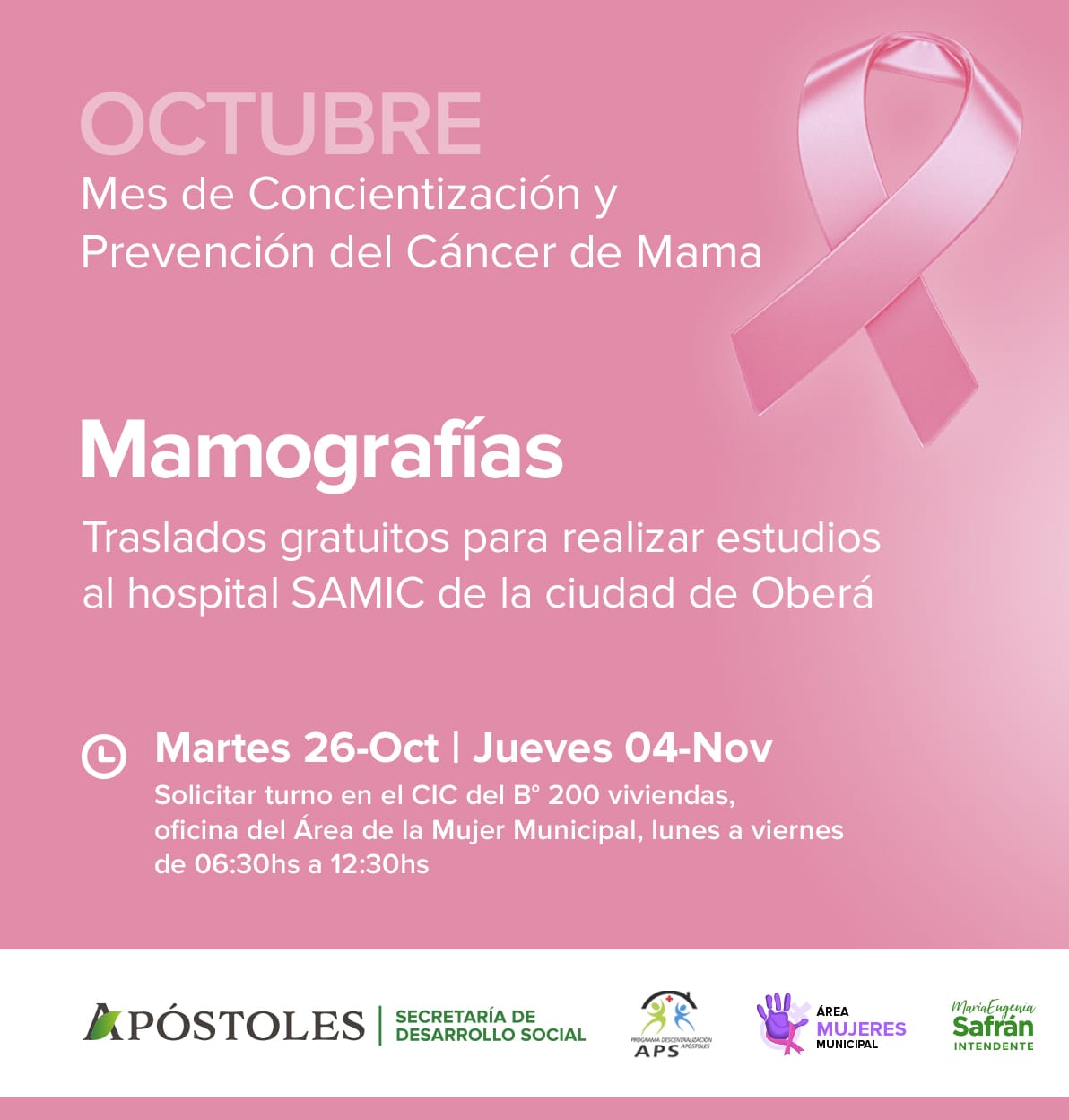 Octubre Rosa: Traslados gratuitos para realización de estudios de mamografías