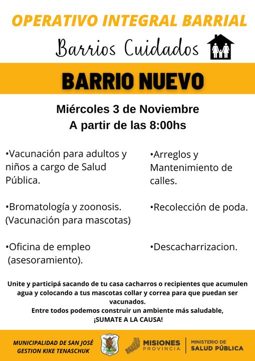 En San José se realizara el Operativo Integral Barrial «Barrios Cuidados»