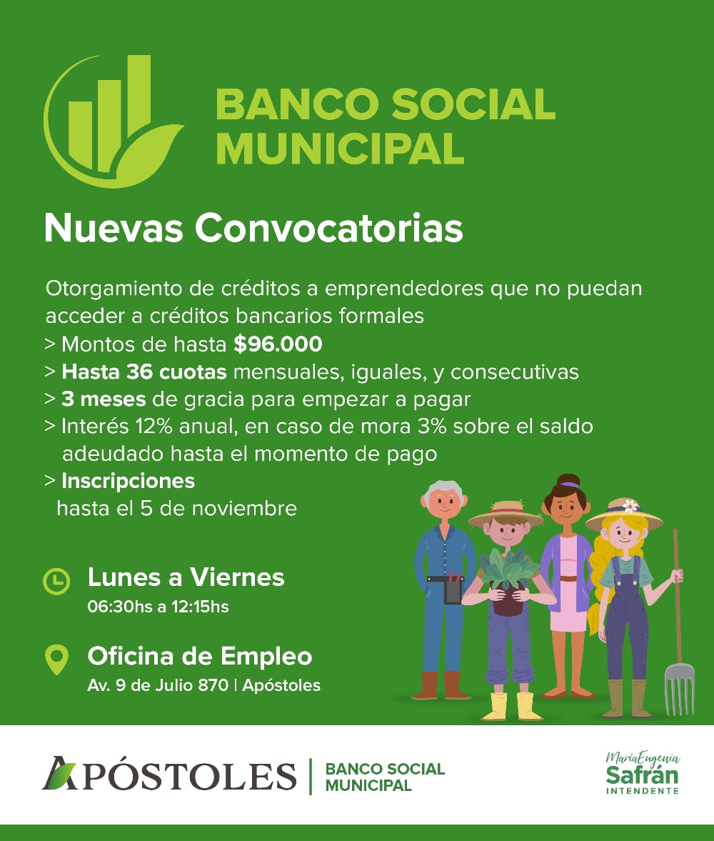 Hasta el viernes 5 de octubre estará abierta la convocatoria para obtención de créditos del Banco Social Municipal