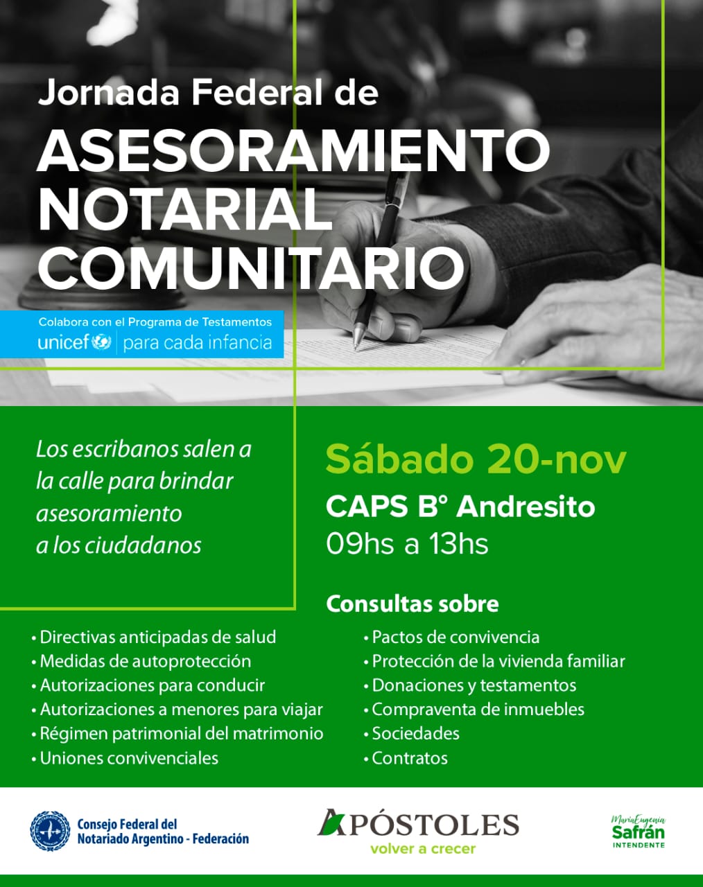 El sábado 20 de noviembre se realizará la jornada Nacional de Asesoramiento Notarial Comunitario