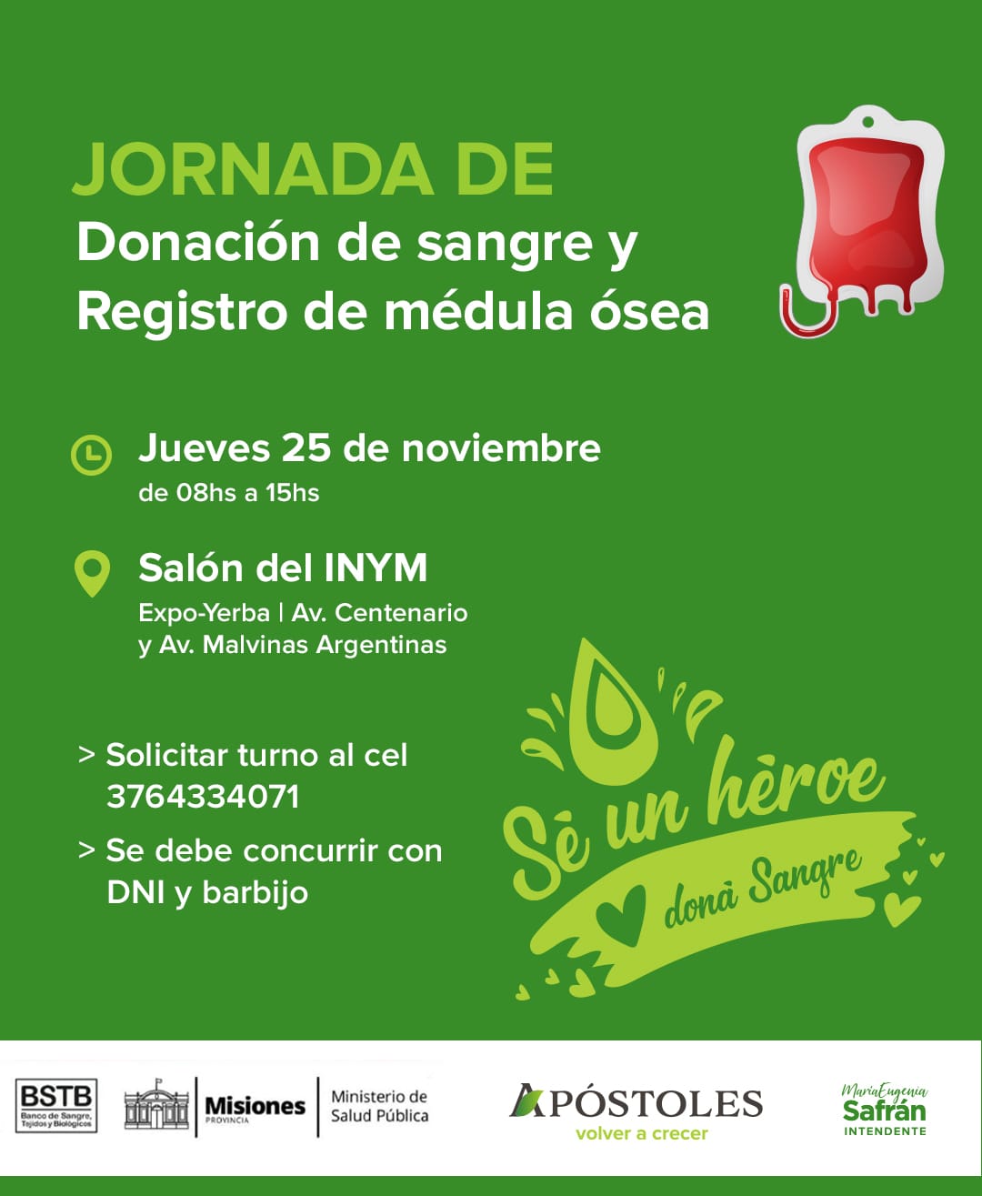 El jueves 25 de noviembre se llevará adelante una jornada de Donación Voluntaria de Sangre y Registro de Médula ósea en Apóstoles
