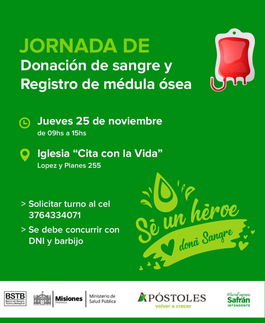 Cambio de locación para la Jornada de Donación Voluntaria de Sangre y Registro de Médula ósea en Apóstoles