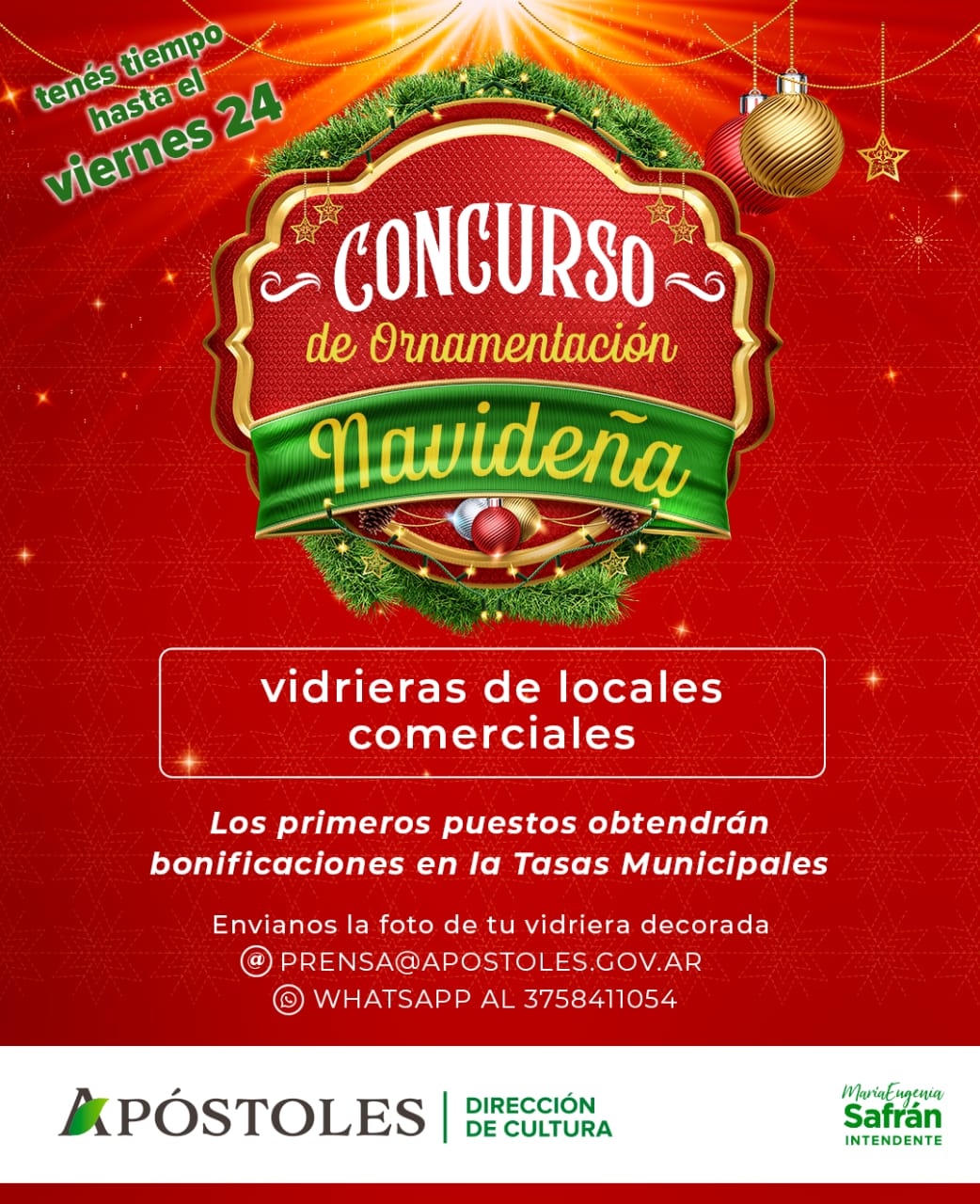 El municipio informa que hasta el 24 de diciembre, los comerciantes pueden enviar las fotos de sus vidrieras para participar del concurso navideño