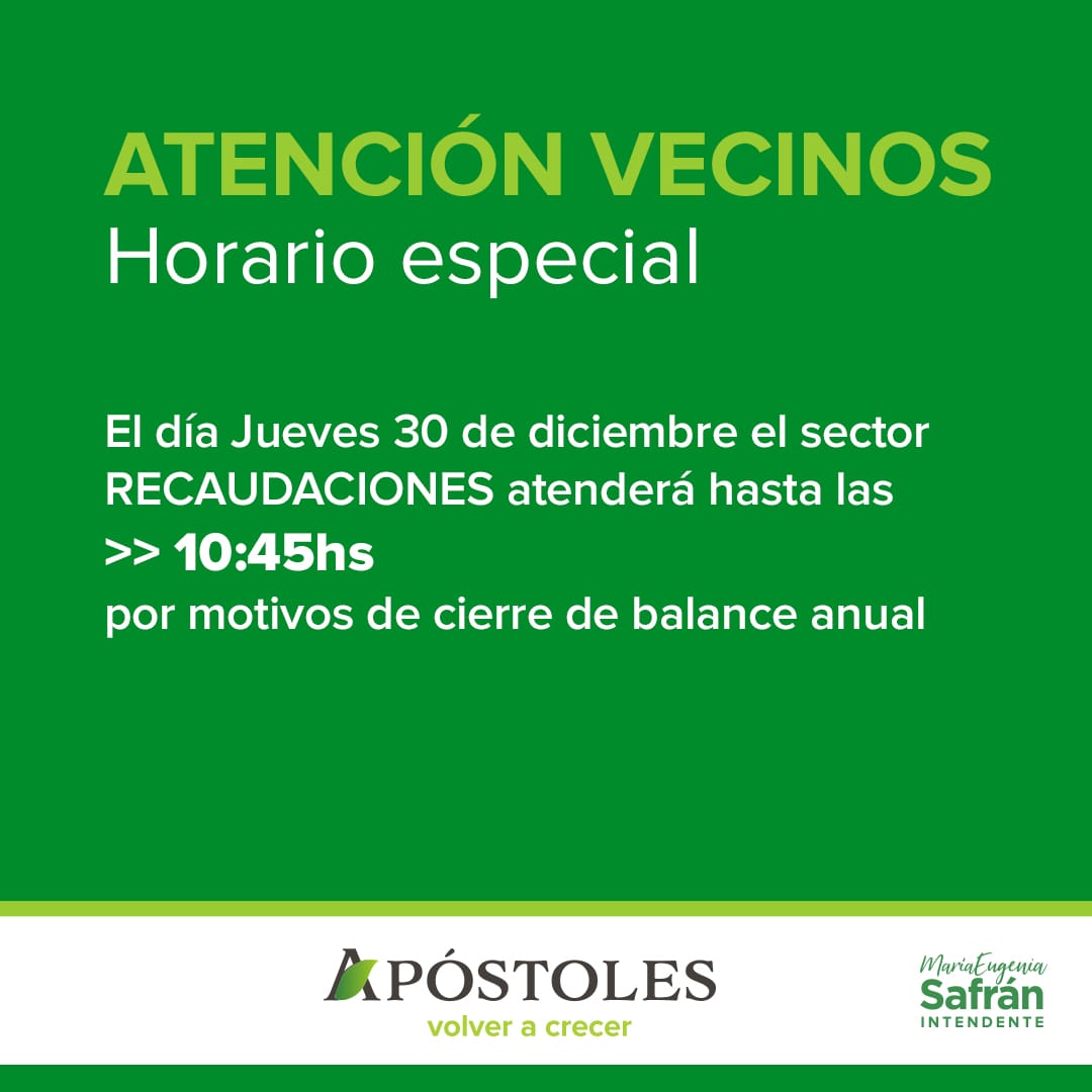 El día jueves 30 de diciembre las cajas municipales atenderán hasta las 10:45 hs por cierre de balance anual 2021