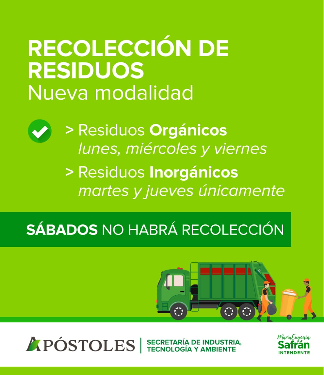 Recuerdan nueva modalidad de recolección de residuos en Apóstoles