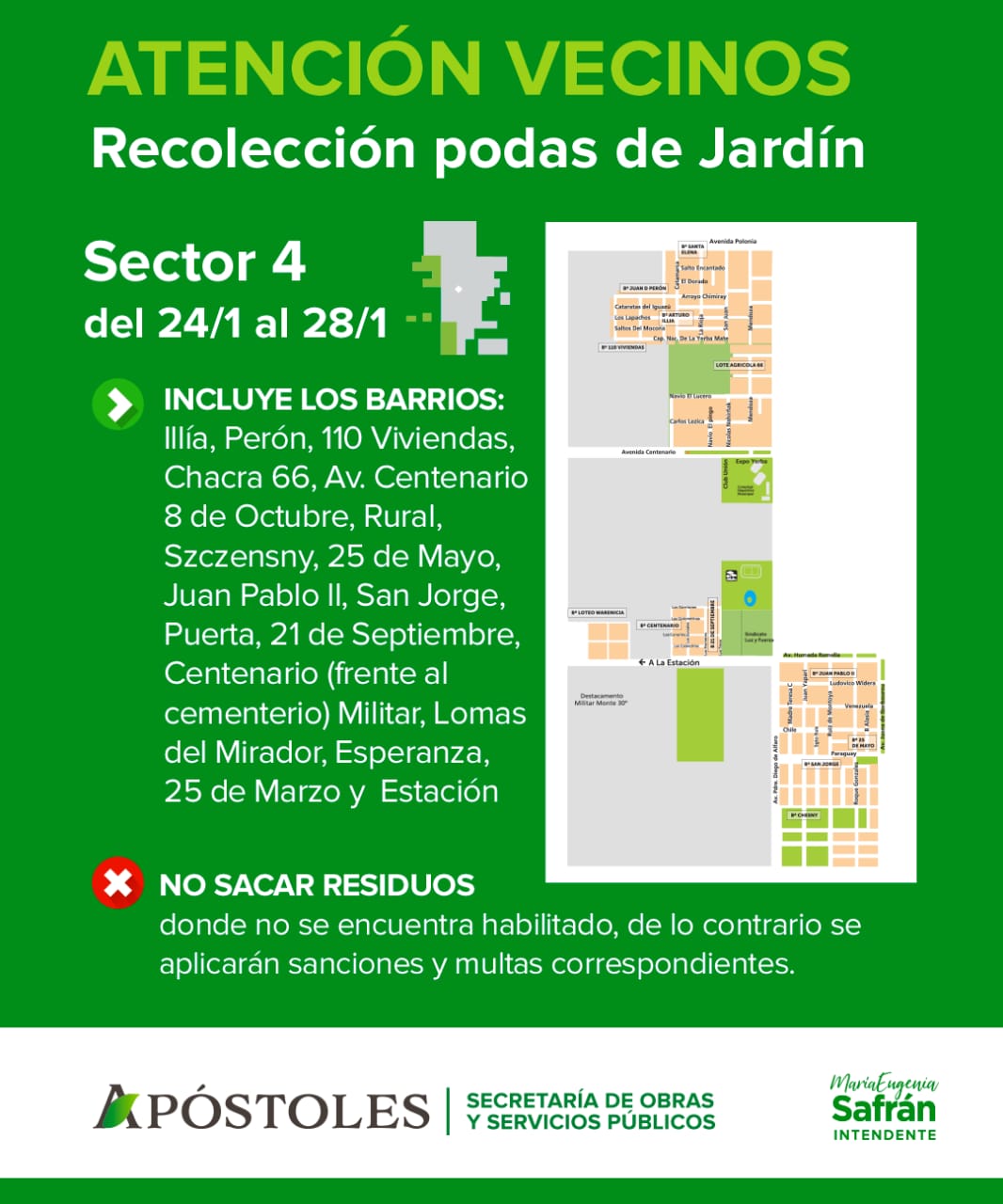 Esta semana se llevará a cabo la recolección de residuos de limpieza en el sector cuatro