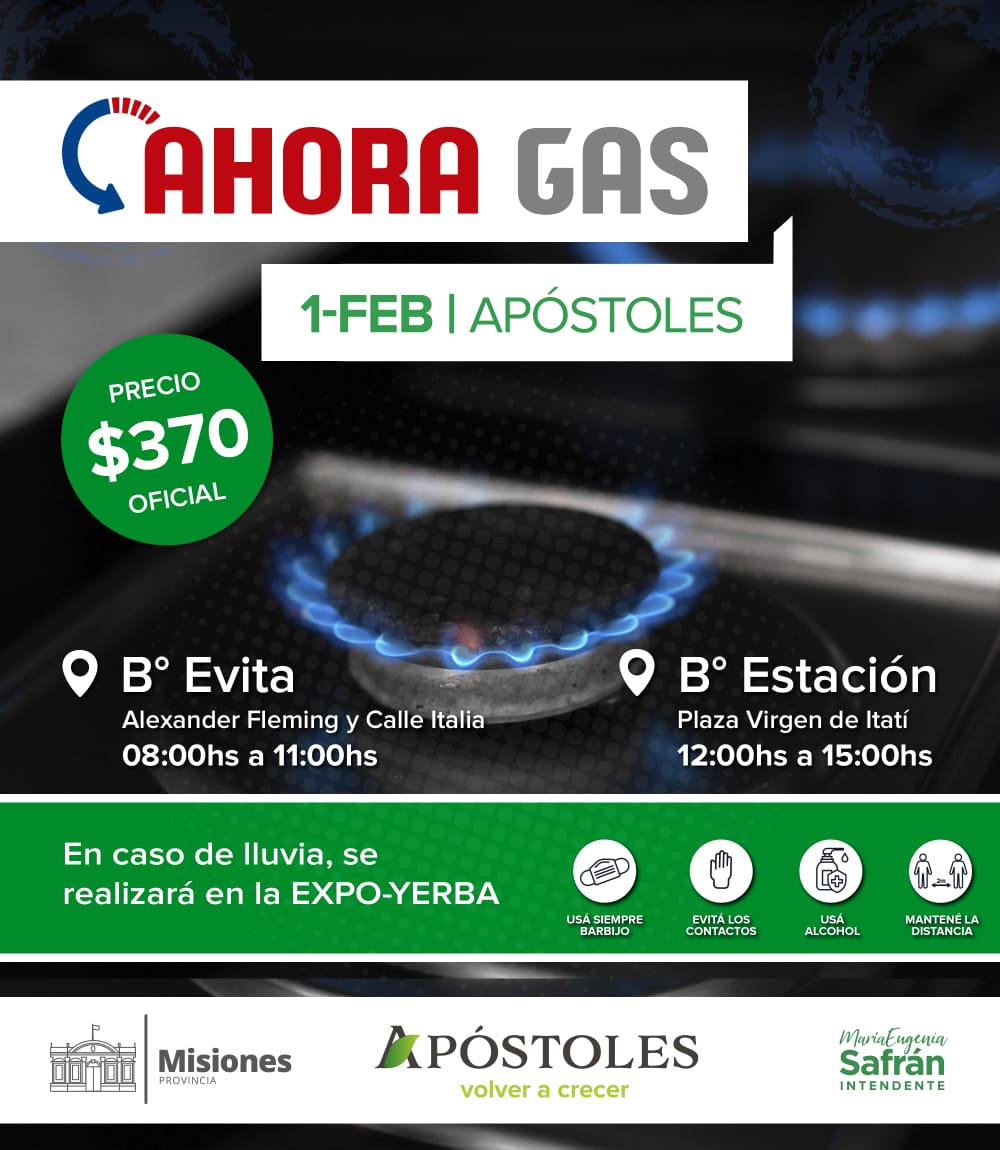 El programa Ahora Gas estará en Apóstoles el próximo martes 01 de febrero