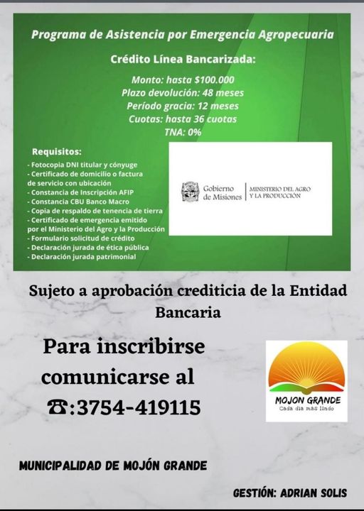 Mojón Grande: Últimos días para inscribirse al Programa de Asistencia por Emergencia Agropecuaria