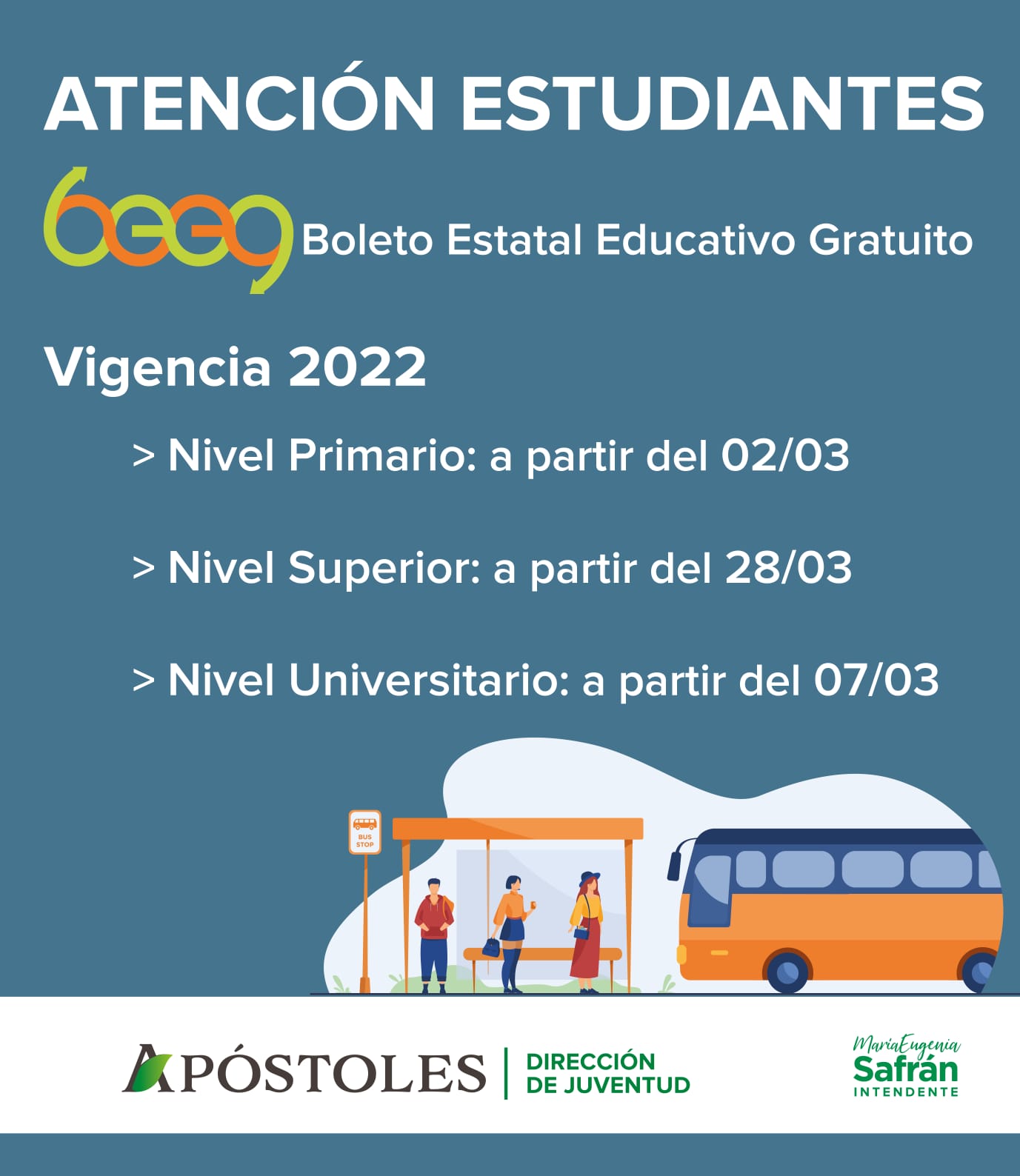 Recuerdan que se encuentra abierta la inscripción para obtener el Boleto Estatal Estudiantil Gratuito.