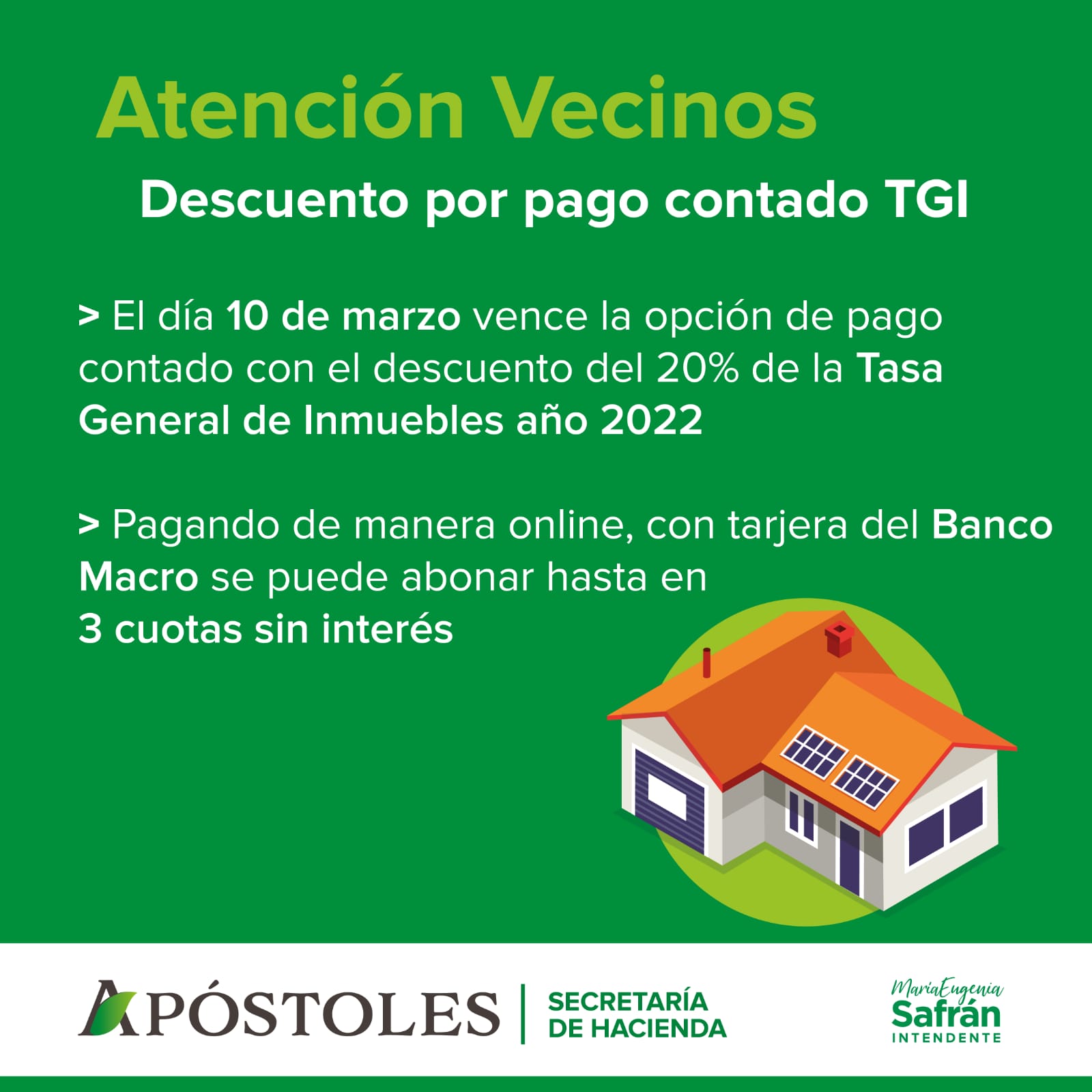 El próximo 10 de marzo vence la opción de pago contado con descuento de la Tasa General de Inmueble
