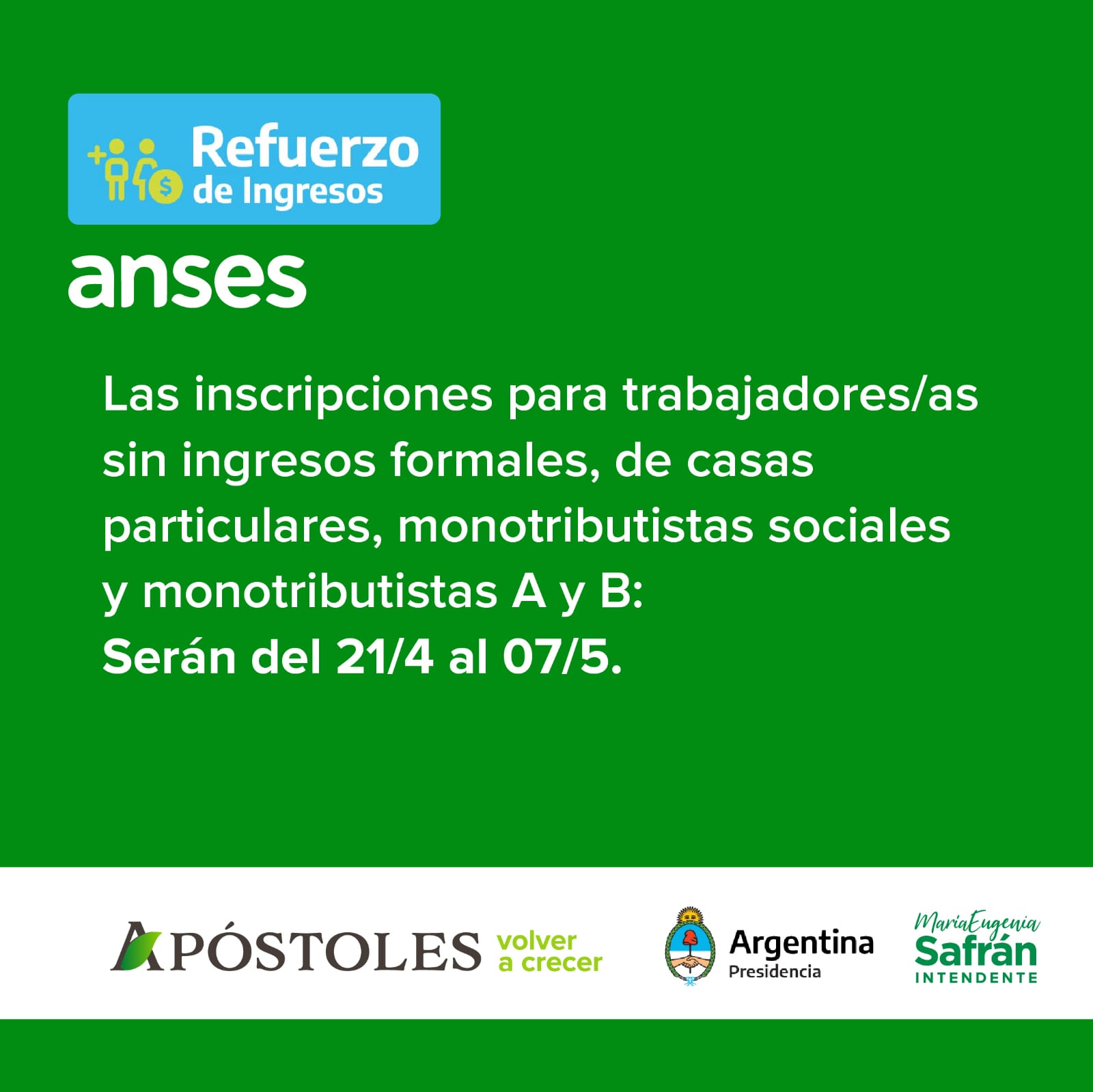 La Oficina de Empleo de la Municipalidad de Apóstoles recuerda cuáles serán los criterios para acceder al bono de Refuerzo de Ingresos