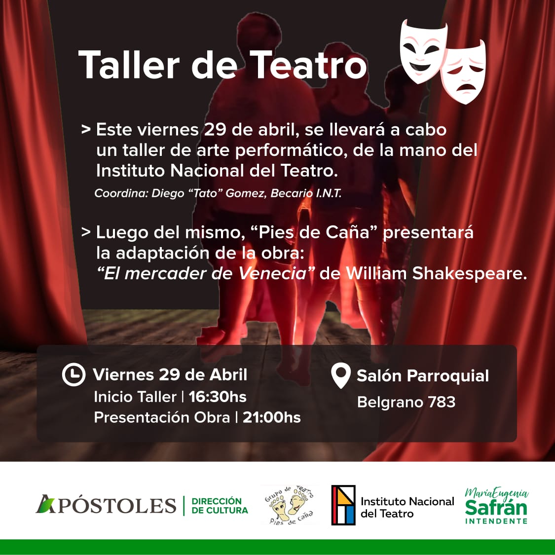 Taller gratuito y presentación teatral en Apóstoles.