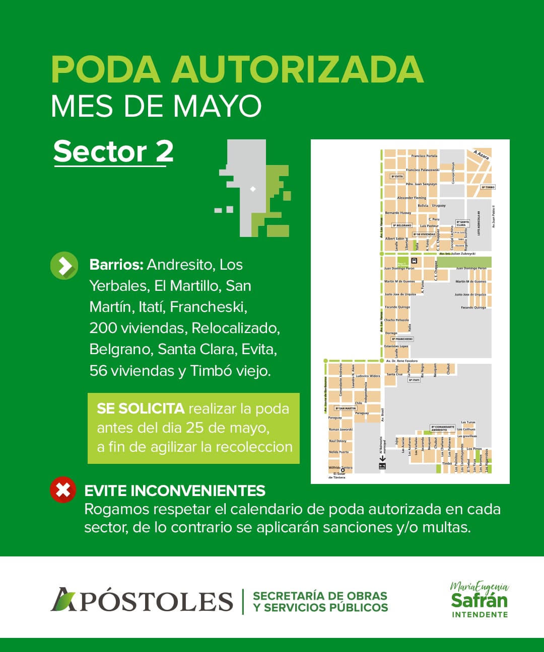 En el mes de mayo las podas sectorizadas serán para el sector dos