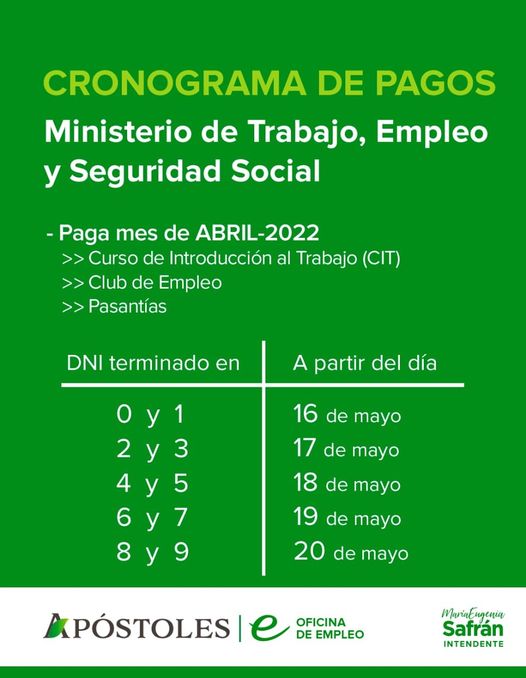 Informan cronograma de pagos de los Programas MTEySS.