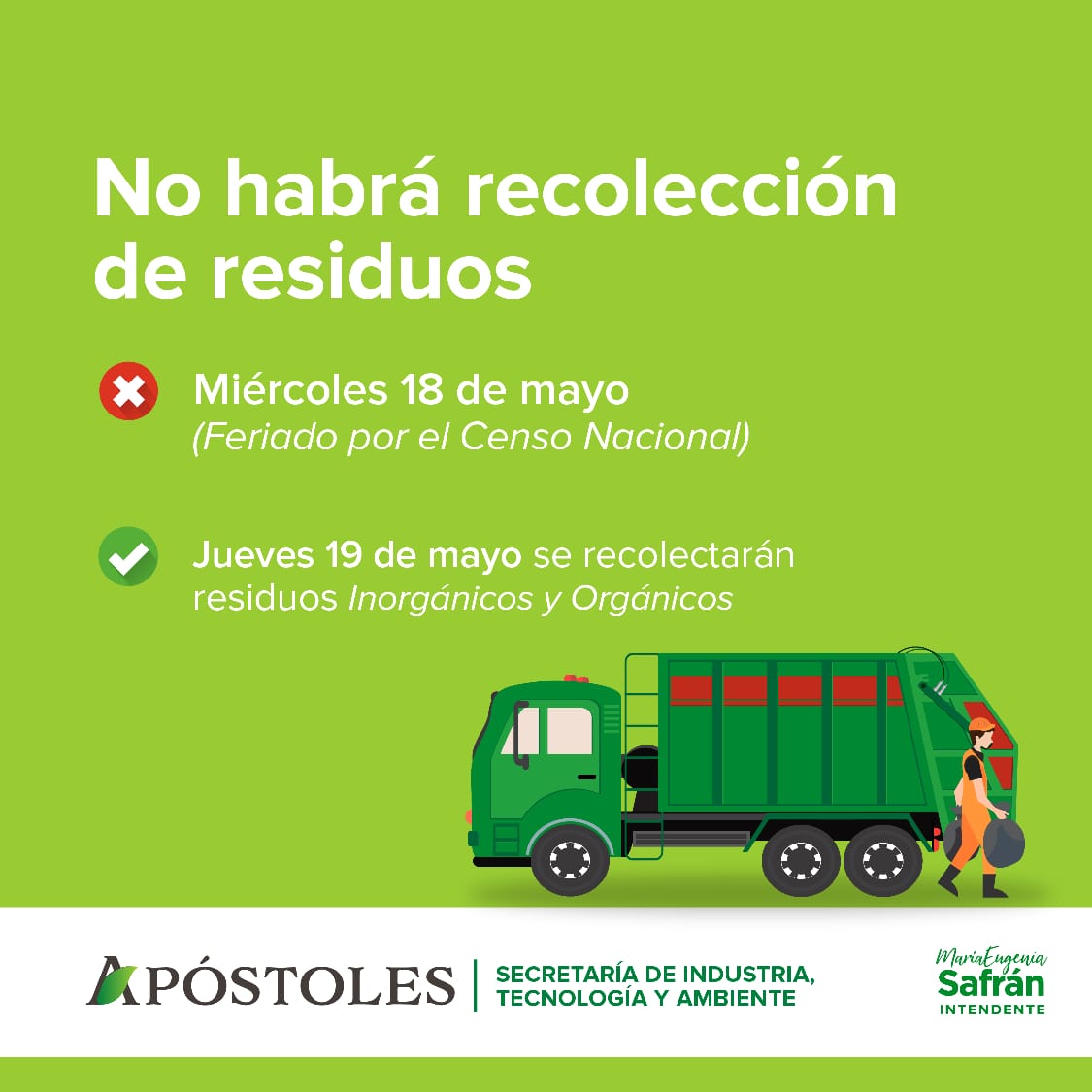 Recolección de Residuos: Feriado por el Feriado por el Censo Nacional 2022.