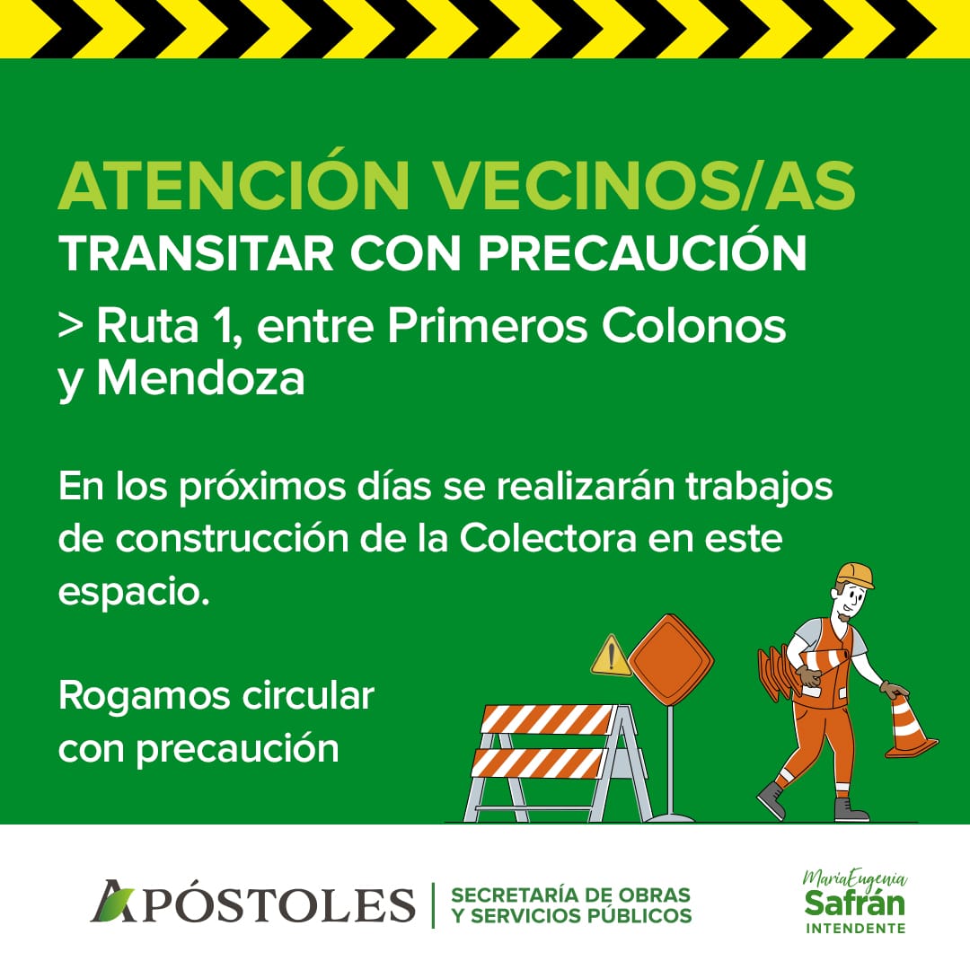 Por trabajos de construcción de colectora, solicitan circular con precaución sobre Ruta N° 1