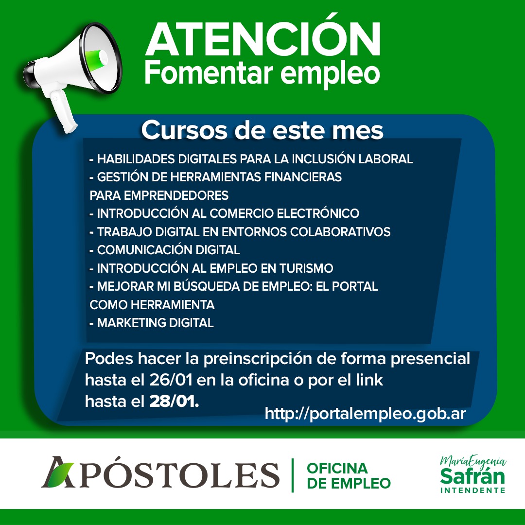 Oficina de Empleo Apóstoles informa vigencia del Programa Fomentar