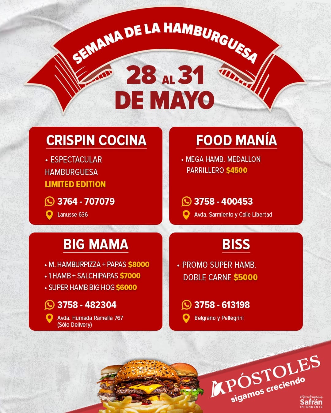 APÓSTOLES COMIENZA LA SEMANA DE LA HAMBURGUESA EN APÓSTOLES CERRANDO EL 1 DE JUNIO CON EL 1° BURGER FEST Y HOY PINTA
