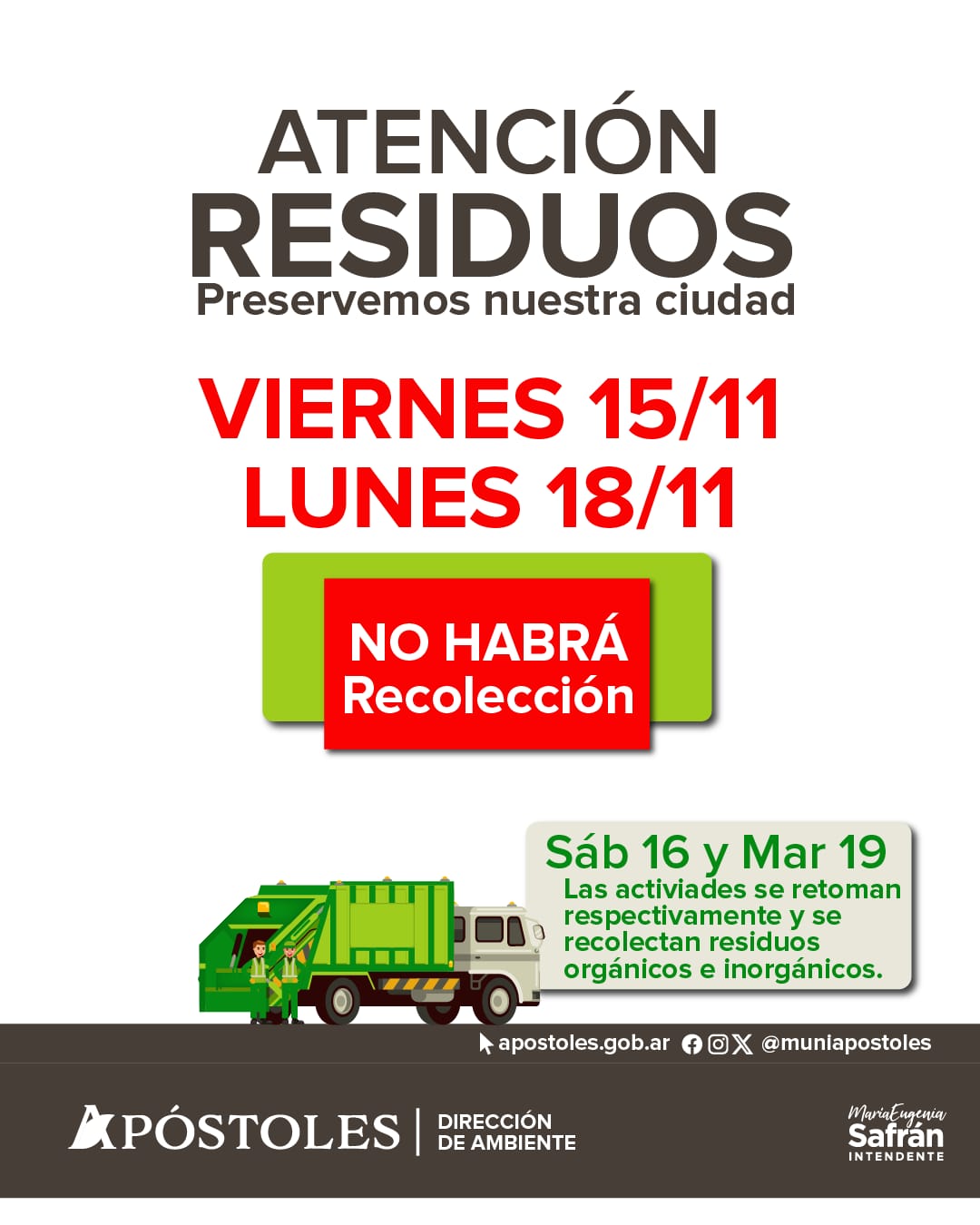 Recolección de residuos: esquema Fin de semana largo